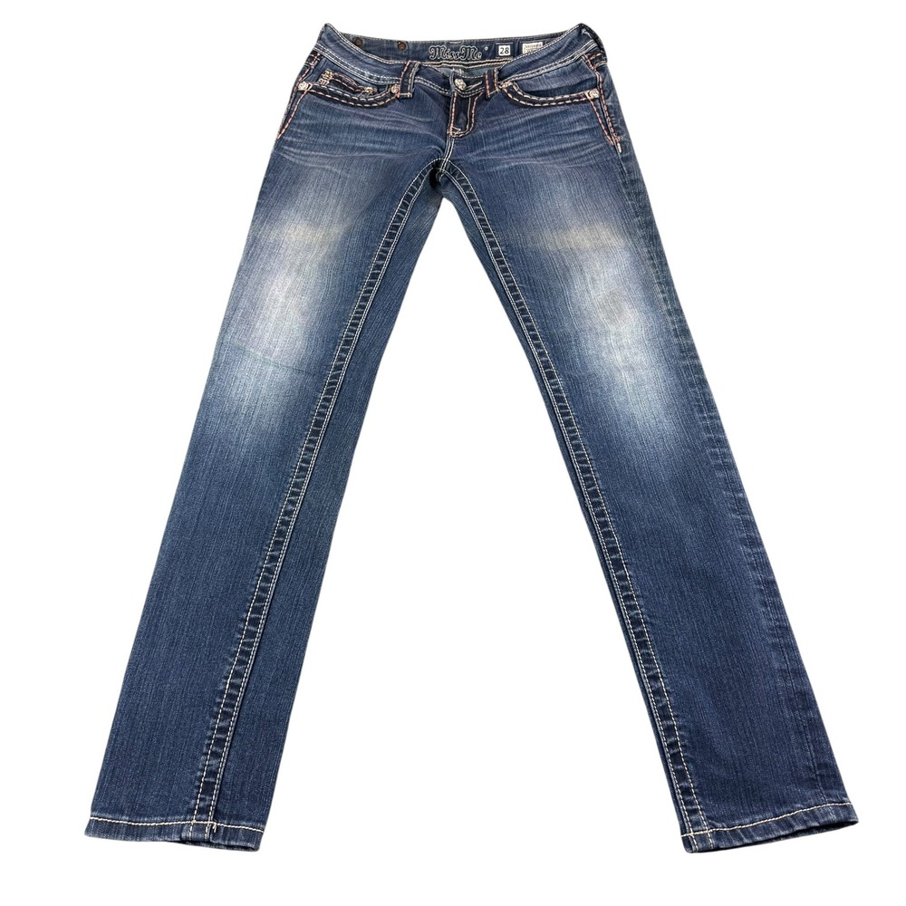 Miss Me Skinny Jeans 28 Blue Medium Wash Pink Contrast Stitch Flap Pocket Y2K